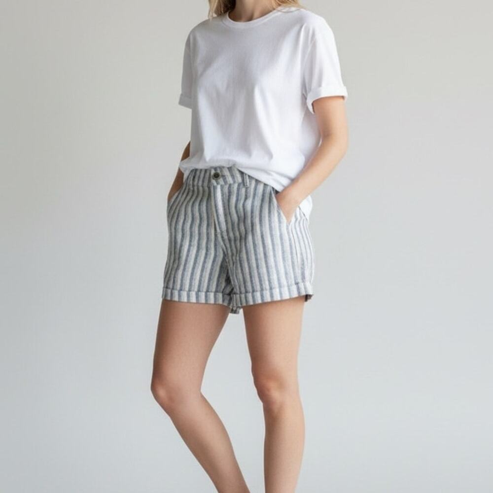 Athens Angel Pure Linen Striped Shorts NWT Women's Sz M Blue Beige